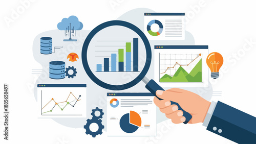 Hand holding magnifying glass over bar chart, analyzing business data, charts and graphs, technology concept