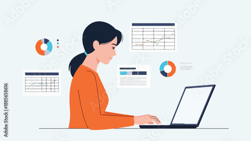 Young woman working on laptop with charts and graphs around her, representing data analysis and business strategy