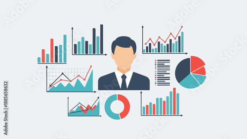 Businessman surrounded by various financial charts and graphs, representing data analysis and business growth