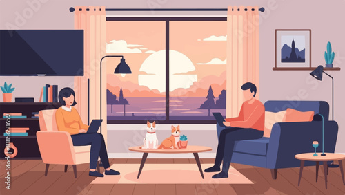 Cozy living room with two people working on laptops and pets