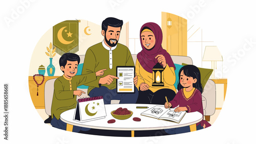 Family Ramadan Celebration with Lantern and Dates.