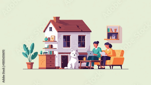 Family and pet relax at home while working and reading