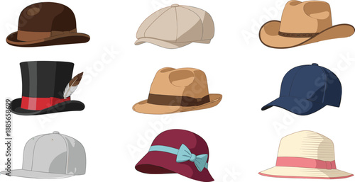 Hat and cap collection vector illustration set featuring vintage, casual, and formal headwear styles for fashion, costume, and accessory designs