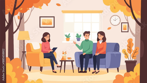 Cozy indoor autumn scene with people, dog, and warm lighting