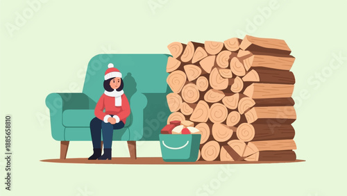 Cozy indoor scene of a person in winter attire relaxing next to stacked firewood