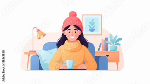 Cozy illustration of a person in a warm sweater and hat relaxing indoors with a drink