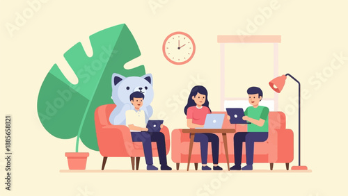 Cozy indoor scene of three individuals on laptops, with a large plant and teddy bear