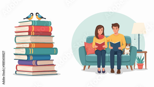 Cozy indoor scene of people reading books with a dog and birds on books