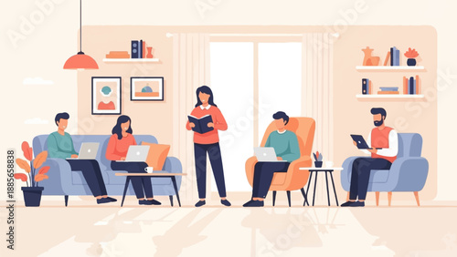 Diverse people working, reading, and relaxing in a modern living room