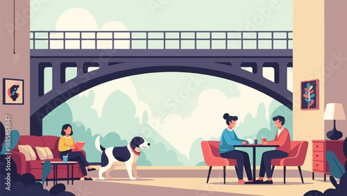 Cozy indoor scene with a couple, dog, and bridge view