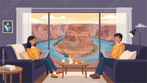 Cozy indoor scene with a couple reading and a dog overlooking a scenic canyon