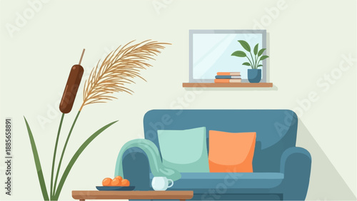 Cozy indoor scene with a blue sofa, decorative plants, books, and fruit