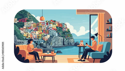 Cozy indoor scene with a view of a colorful Italian coastal village