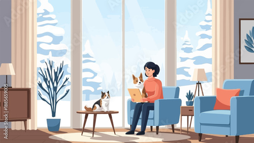 Cozy indoor scene with a woman and two dogs, winter outside