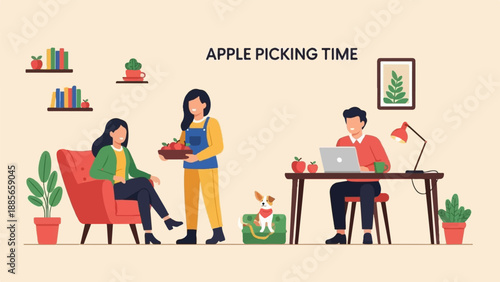 Cozy indoor scene with apple harvesting theme, featuring people, dog, and home decor