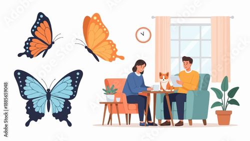 Cozy indoor scene with butterflies, a couple, and a dog