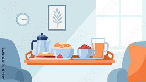 Cozy indoor scene with breakfast tray, comfy seating, and a clock