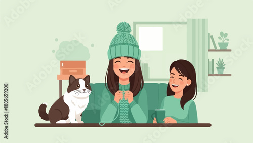 Cozy indoor scene with two laughing women, a cat, and knitting