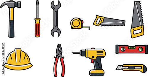 Construction tools icon set featuring hammer, wrench, screwdriver, saw, drill, helmet and professional repair equipment