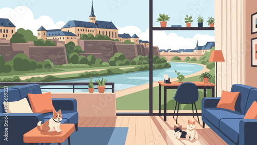 Cozy living room with pets overlooking a scenic European cityscape and river