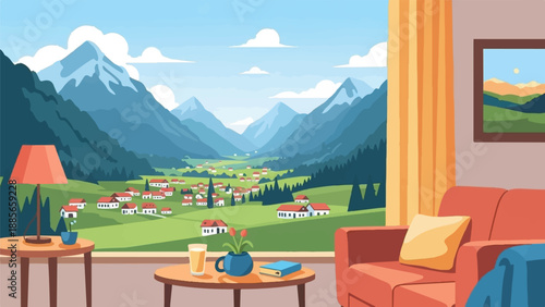 Cozy indoor view of a quaint village nestled between majestic mountains