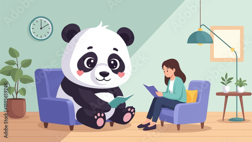 Cozy interior scene a girl and a large panda read books in armchairs