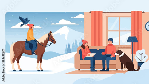Cozy indoor winter scene with people and dog, contrasts outdoor horseback riding