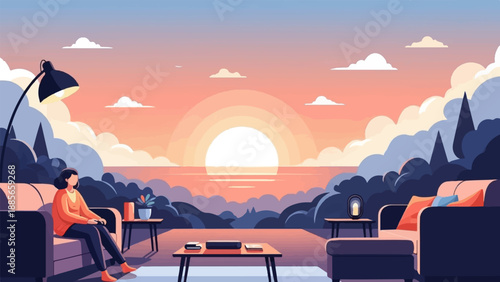 Cozy interior scene overlooking a vibrant sunset over the ocean