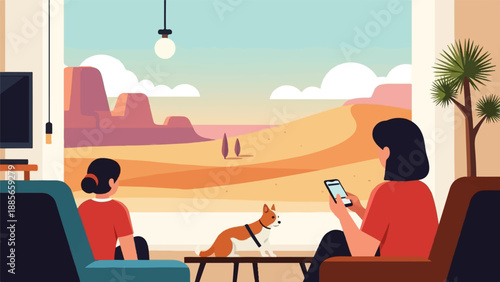 Cozy interior scene with a desert vista, two people, and a dog