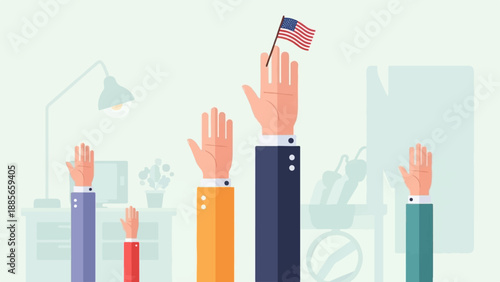 Diverse hands raise in a classroom, one holding a tiny flag