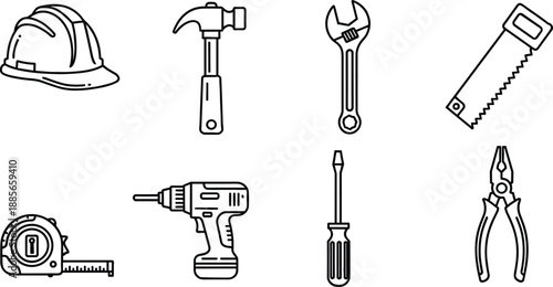 Construction tools icon set including hammer, wrench, drill, saw, safety helmet and professional handyman equipment