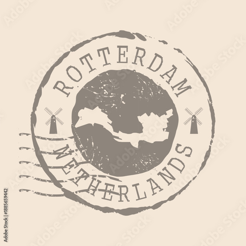 Stamp Postal of Rotterdam. Map Silhouette rubber Seal.  Design Retro Travel. Seal  Map of Rotterdam is city of Netherlands grunge  for your design.  EPS10