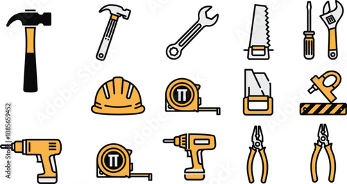 Construction tools icon set, hammer wrench drill saw helmet pliers toolkit symbols, flat vector design for repair industry branding