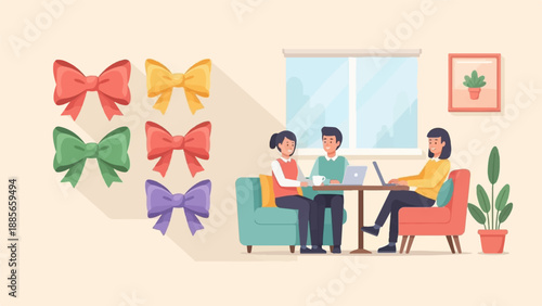 Cozy interior scene with people working, decorative bows, and plants