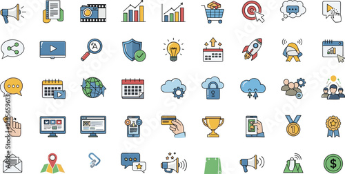 Digital marketing and business icons set, analytics branding communication growth tools, modern flat design for online strategy