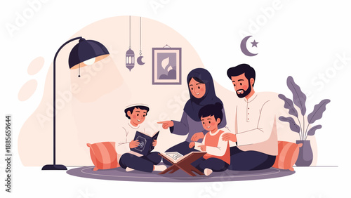 Muslim Family Reading Together at Home.
