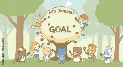 Cartoon Characters Around Tree with Goal Sign.