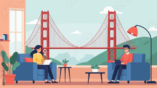 Cozy interior with two people working on laptops overlooking a iconic bridge