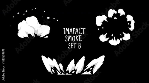 Hand-drawn impact smoke animation effects, ground hit smoke burst and circular explosion on transparent background, alpha channel