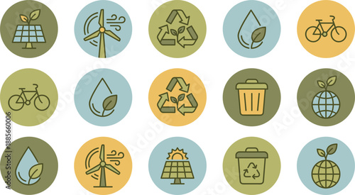 Eco sustainability icons set, renewable energy recycling nature symbols, green lifestyle design for environmental protection projects