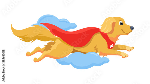 A golden retriever wearing a red cape, flying through the clouds like a superhero, heroic pose, bright comic book cartoon style.