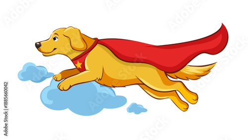 A golden retriever wearing a red cape, flying through the clouds like a superhero, heroic pose, bright comic book cartoon style.