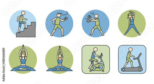 Cartoon Woman Exercising in Various Fitness Activities.