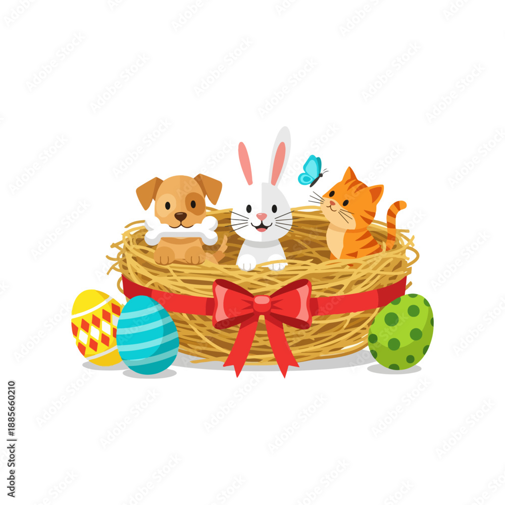 Obraz premium Easter Basket with Adorable Animals and Decorated Eggs.
