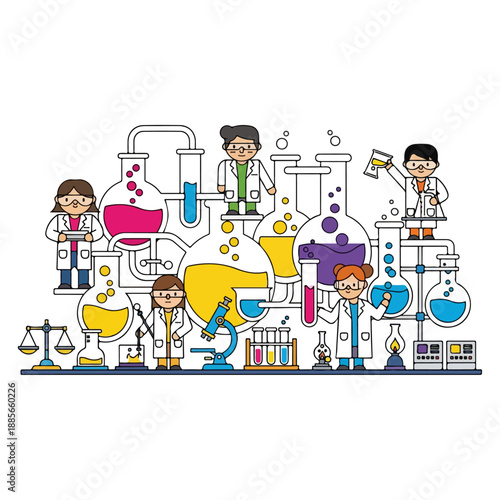 Diverse group of scientists conducting experiments in a laboratory setting.
