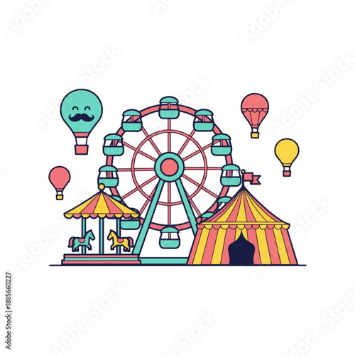 Amusement Park Funfair with Ferris Wheel and Circus Tent.