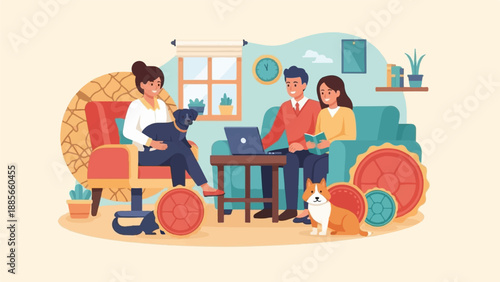 Family and pets enjoying relaxing indoor time, with a laptop and books