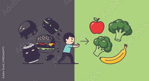 Man Choosing Healthy Food Over Junk Food.