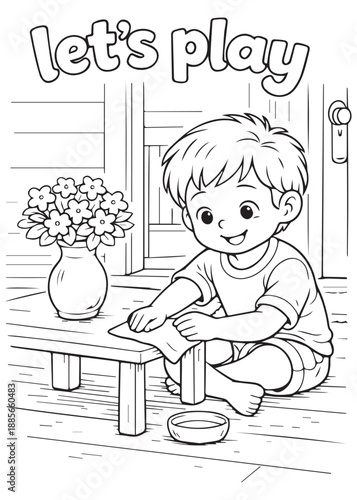 Coloring book little boy wiping a table on the porch, learning cleanliness and responsibility, black and white line art