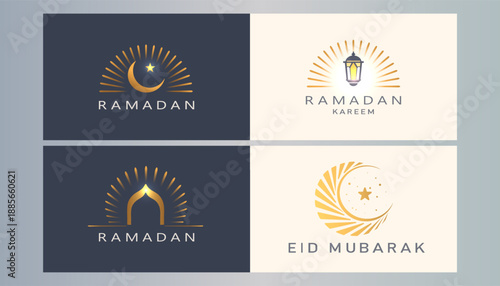 Vector logo set for Ramadan and Eid Mubarak with crescent moon, star, lantern, mosque arch and sunburst rays in gold on dark and light backgrounds. Minimal Islamic holiday branding.
